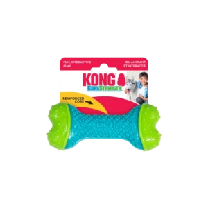 Juguete KONG CoreStrength Bone en su empaque, hueso resistente para perros.