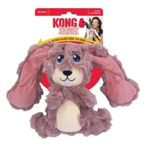 Peluche para perros KONG Scrumplez Conejo Rosa, felpa arrugada suave con orejas deslizantes y chirriador integrado, ideal para juegos interactivos y caricias.
