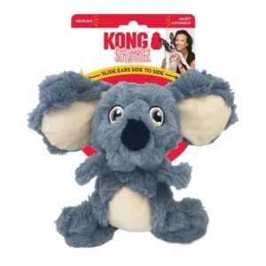 Peluche para perros KONG Scrumplez Koala, felpa gris arrugada, orejas deslizantes y chirriador, presentado con etiqueta en embalaje.
