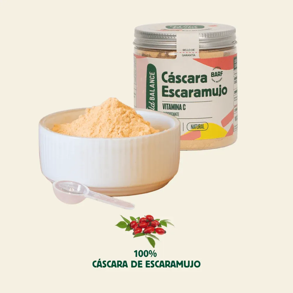 Cáscara de escaramujo 100% natural en polvo para perros y gatos Wild Balance, con cucharita dosificadora y sin aditivos