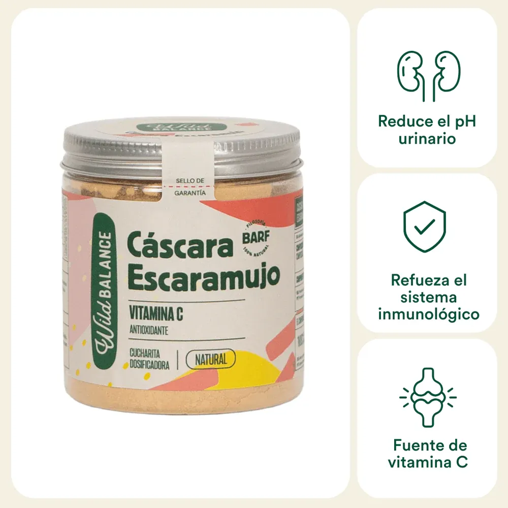 Suplemento natural en polvo de escaramujo para perros Wild Balance con beneficios como refuerzo inmunológico, reducción del pH urinario y aporte de vitamina C