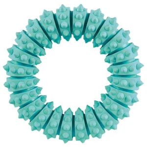 Anillo mordedor para perro de caucho natural sabor menta, marca Trixie, diseño dentado de 12 cm de diámetro