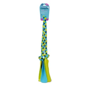 Juguete Coachi Tuggi Tug azul y amarillo para perros, trenza elástica con tiras de neopreno