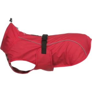 Impermeable Vimy rojo talla XL 80 cm para perro grande, tejido impermeable poliuretano/poliéster, cierre hebilla, tiras reflectantes y ajuste para arnés