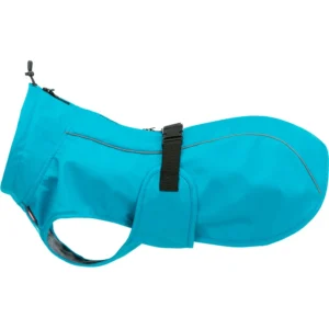 Impermeable Vimy turquesa talla XL 80 cm para perro, tejido impermeable poliuretano/poliéster, tiras reflectantes, ajuste con hebilla y dos cremalleras para correa o arnés