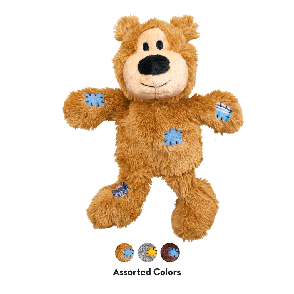 Juguete KONG Wild Knots para perro con forma de oso marrón con parches azules, sin etiqueta