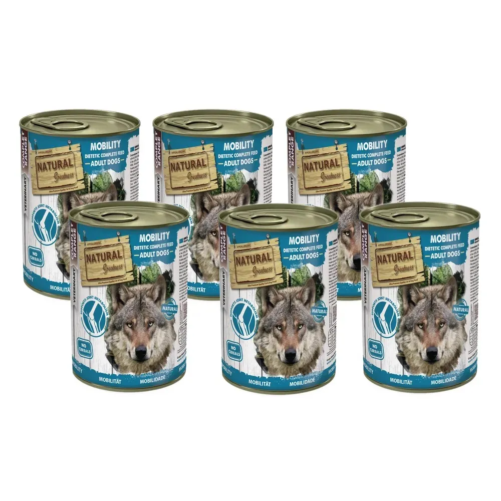 Pack de 6 latas Natural Greatness Mobility para perros con movilidad reducida o problemas articulares