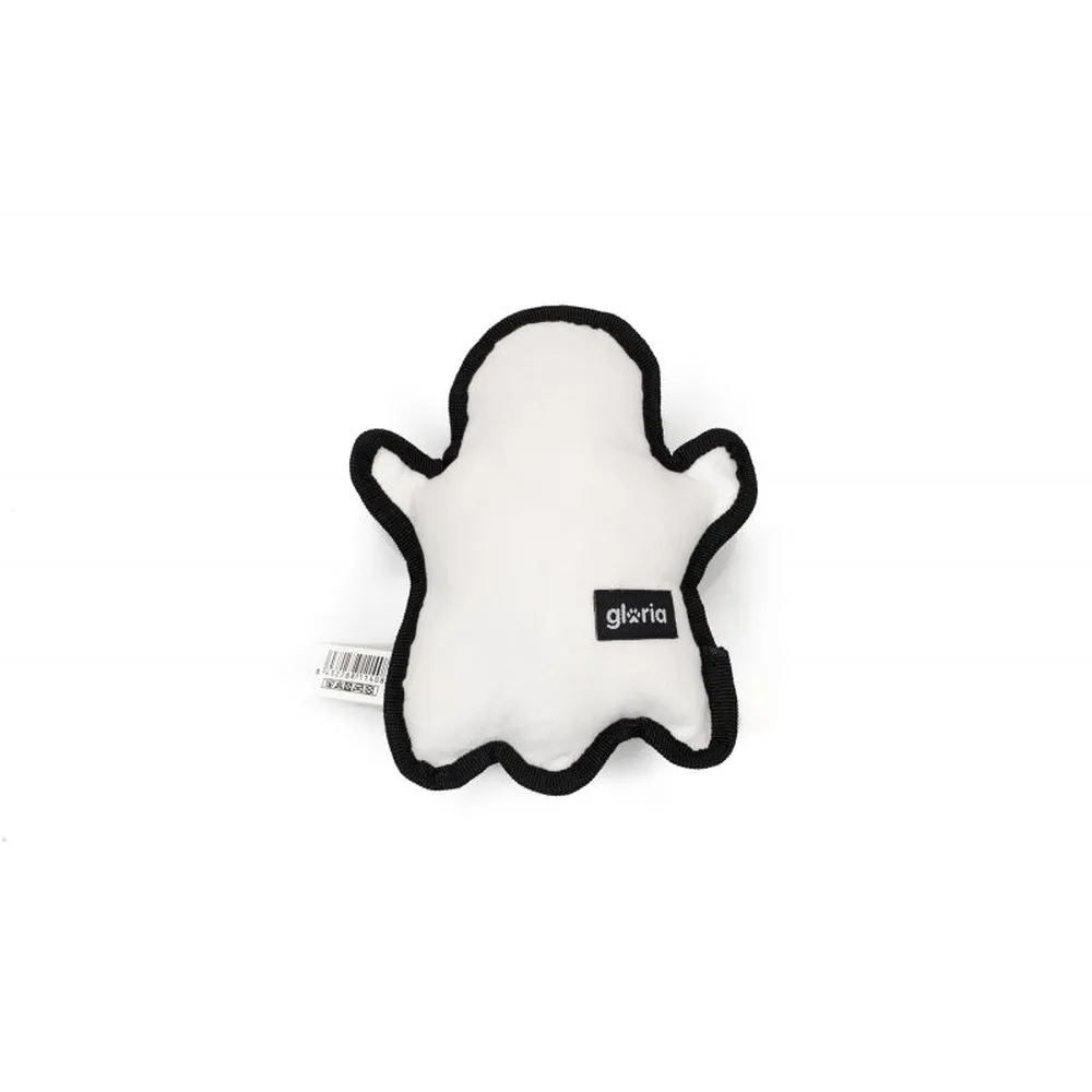 Vista trasera del peluche fantasma Gloria para perros, etiqueta de marca y acabado blanco