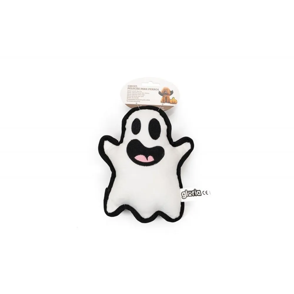 Peluche fantasma blanco con bordes negros para perros y gatos, juguete con sonido