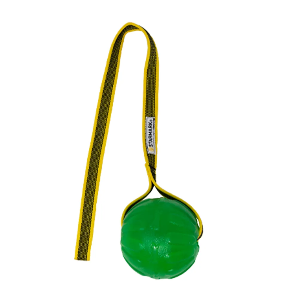 Pelota verde Starmark GripCord Chew Ball con cuerda amarilla, juguete resistente para perros grandes