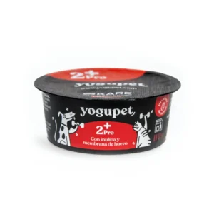 Yogupet 2+ Pro yogur funcional para perros con inulina y membrana de huevo, tarrina negra con detalles rojos