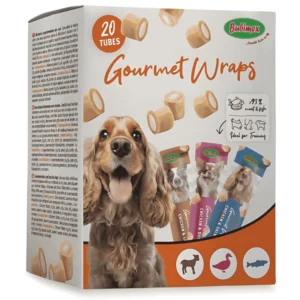 Caja surtida de 20 tubos Bubimex Gourmet Wraps para perros, sabores pollo con pato, cordero y salmón.