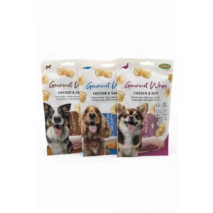 Tres paquetes de snacks para perros Bubimex Gourmet Wraps, sabores pollo con cordero, salmón y pato.