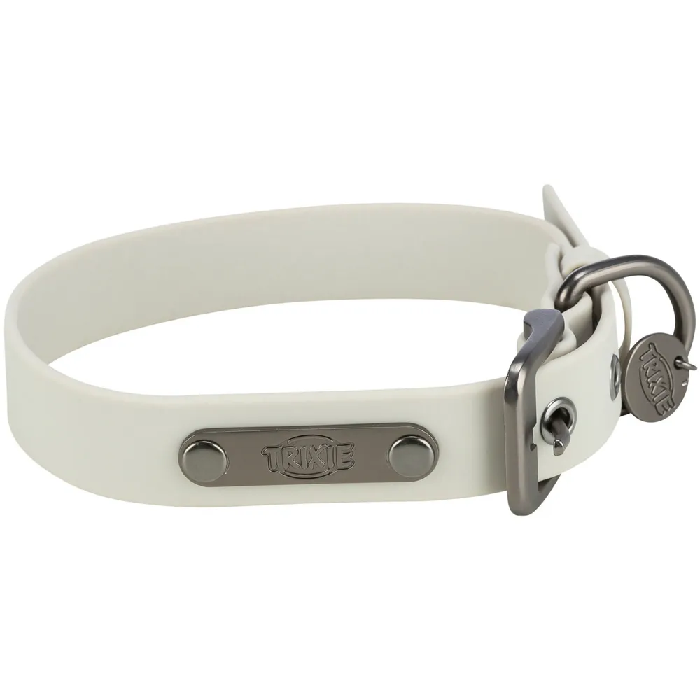 Collar para perro Trixie de PVC blanco, con hebilla metálica y anilla, diseño resistente e impermeable ideal para uso diario.