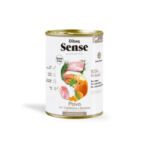 Lata de comida húmeda para perro Dibaq Sense grain free con pavo, calabaza y boniato, hipoalergénica y baja en calorías.