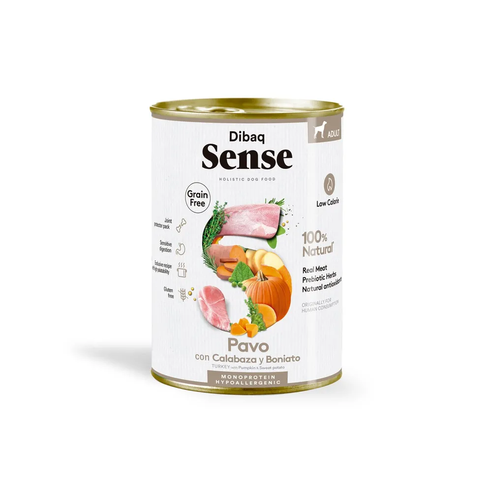 Lata de comida húmeda para perro Dibaq Sense grain free con pavo, calabaza y boniato, hipoalergénica y baja en calorías.