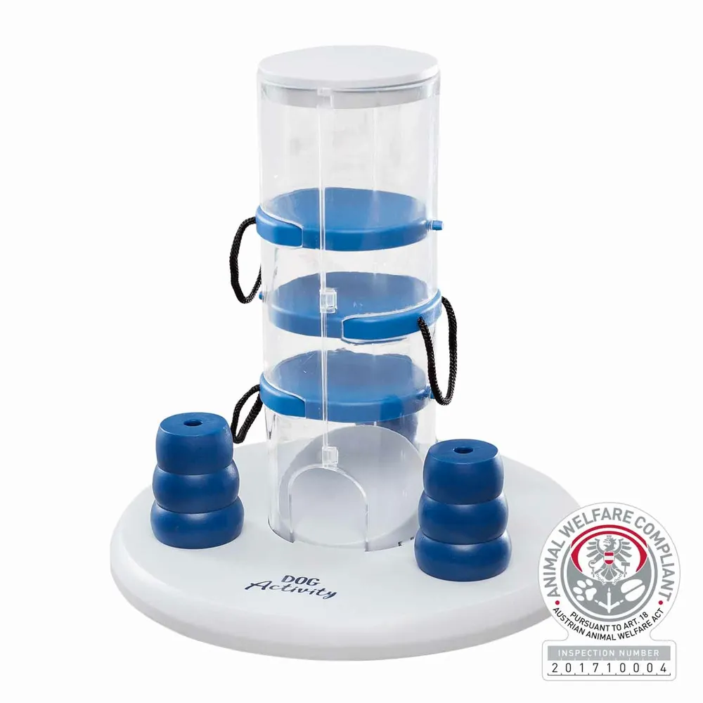Juego de inteligencia para perros Dog Activity Gambling Tower Nivel 1 con torre interactiva y plataformas con cuerdas para ganar premios.