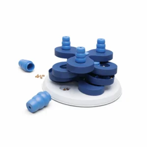 Juego interactivo Flower Tower Trixie para perros – puzzle de inteligencia azul con compartimentos y piezas apilables para esconder premios.