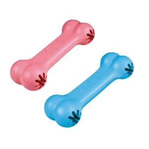 Huesos KONG Goodie Bone para cachorros en colores rosa y azul, juguetes de caucho para masticar y rellenar con premios.