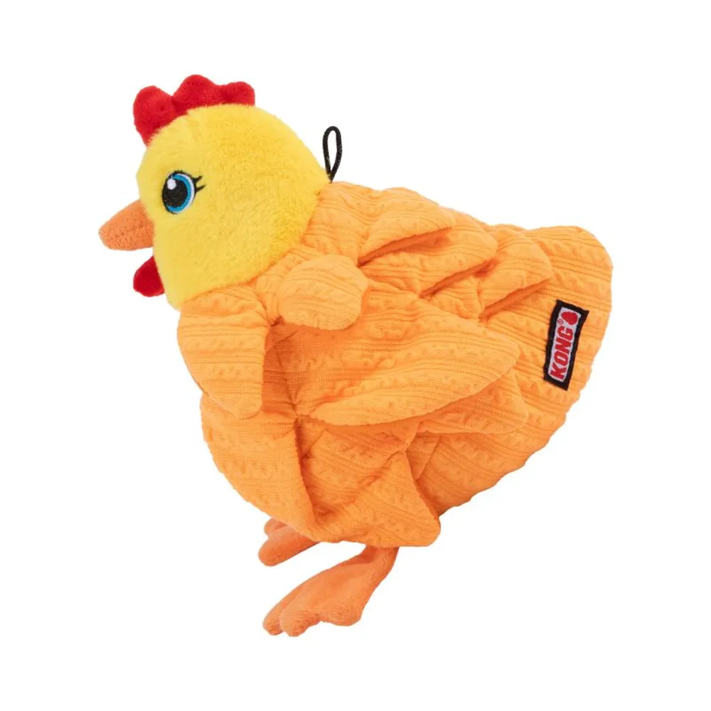 Juguete KONG Layerz Forage Hen sin blister, con forma de gallina naranja y pliegues para esconder snacks.
