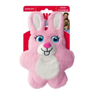 Juguete para perro KONG Snuzzles Kiddos conejo rosa de peluche con sonido, ideal para masticar y jugar.