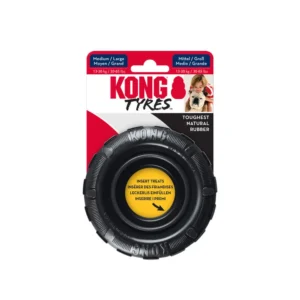 Juguete de caucho KONG Tyres negro para perro mediano/grande, en forma de neumático para masticar y premios.