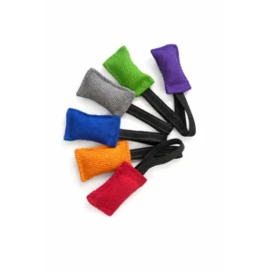 Mordedor de tela francesa mini Flexipets colores variados con asa negra, juguete resistente para perros pequeños y entrenamiento canino.