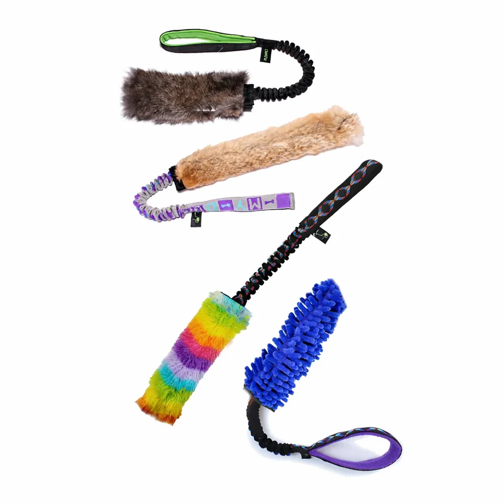 Motivadores para perros con asa elástica en variantes de piel natural, mopa o pelo, ideales para entrenamiento.