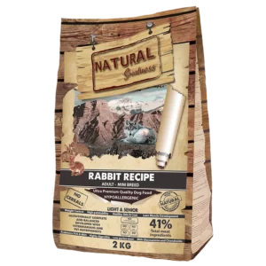 Bolsa de pienso natural para perro adulto de razas pequeñas con receta de conejo, sin cereales, alta palatabilidad y adecuado para piel y digestión saludable.