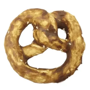 Snack para perro en forma de pretzel con colágeno y sabor a pato, premio crujiente para masticar y cuidado dental.