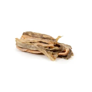 Snacks de piel de rosada deshidratada para perros, premio natural rico en proteínas y sabor a pescado.
