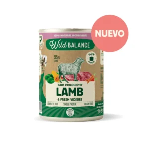 Lata de comida húmeda para perro Wild Balance BARF Philosophy con cordero y verduras frescas, receta natural sin cereales.