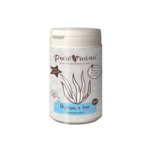 Suplemento natural para perros marca Puro Menú con espirulina ecológica en polvo, ideal para reforzar el sistema inmunitario de forma 100% natural.