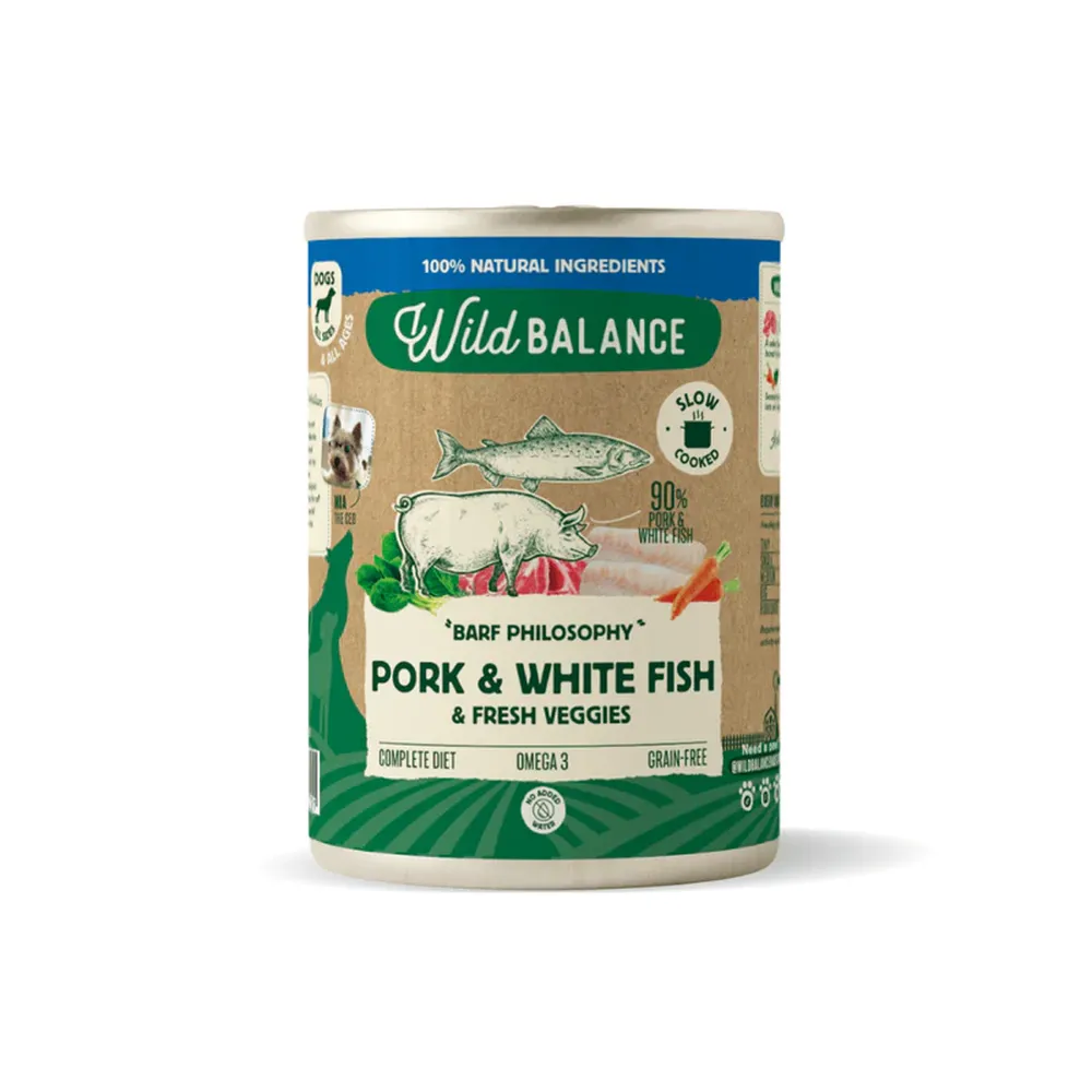 Lata de comida natural para perros Wild Balance BARF con cerdo, pescado blanco y verduras, dieta completa sin cereales.