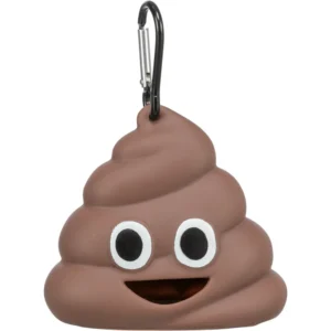 Dispensador de bolsas para perro con forma de caca sonriente y mosquetón, accesorio práctico para paseos.