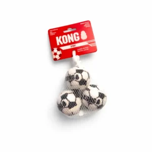 Pack de pelotas para perros KONG Sport con diseño de balón de fútbol, juguete pequeño ideal para lanzar y jugar.