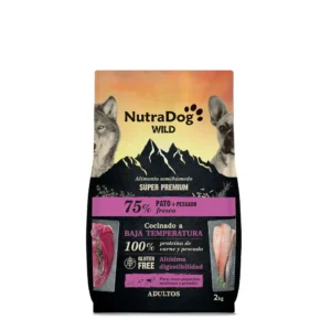 Pienso semihúmedo NutraDog Wild para perros adultos con pato y pescado fresco, alimento súper premium sin gluten y de alta digestibilidad para todas las razas.
