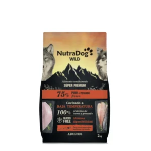 Pienso semihúmedo NutraDog Wild para perros adultos con pavo y pescado fresco, alimento súper premium sin gluten y de alta digestibilidad para todas las razas.