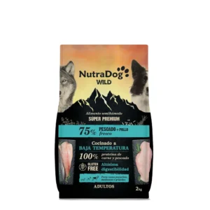 Pienso semihúmedo NutraDog Wild para perros adultos con pescado y pollo fresco, alimento súper premium sin gluten y de alta digestibilidad para todas las razas.