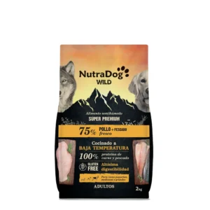 Pienso semihúmedo NutraDog Wild para perros adultos con pollo y pescado fresco, alimento súper premium sin gluten y de alta digestibilidad para razas pequeñas, medianas y grandes.