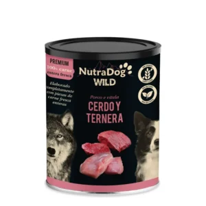 Lata de comida húmeda NutraDog Wild Cerdo y Ternera para perros, elaborada con carne fresca entera, sin cereales y sin aditivos.