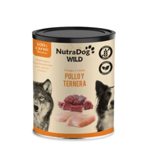 Lata de comida húmeda NutraDog Wild Pollo y Ternera para perros, elaborada con carne fresca, receta natural sin cereales y alta en proteínas animales.