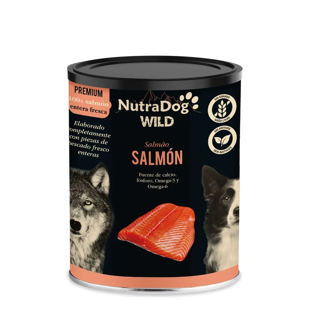 Lata de comida húmeda NutraDog Wild Salmón para perros, elaborada con salmón fresco, rica en Omega 3 y Omega 6, sin cereales y sin aditivos.