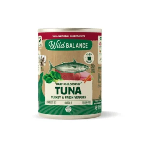 Comida húmeda natural para perros Wild Balance BARF de atún con pavo y verduras, dieta completa sin cereales.