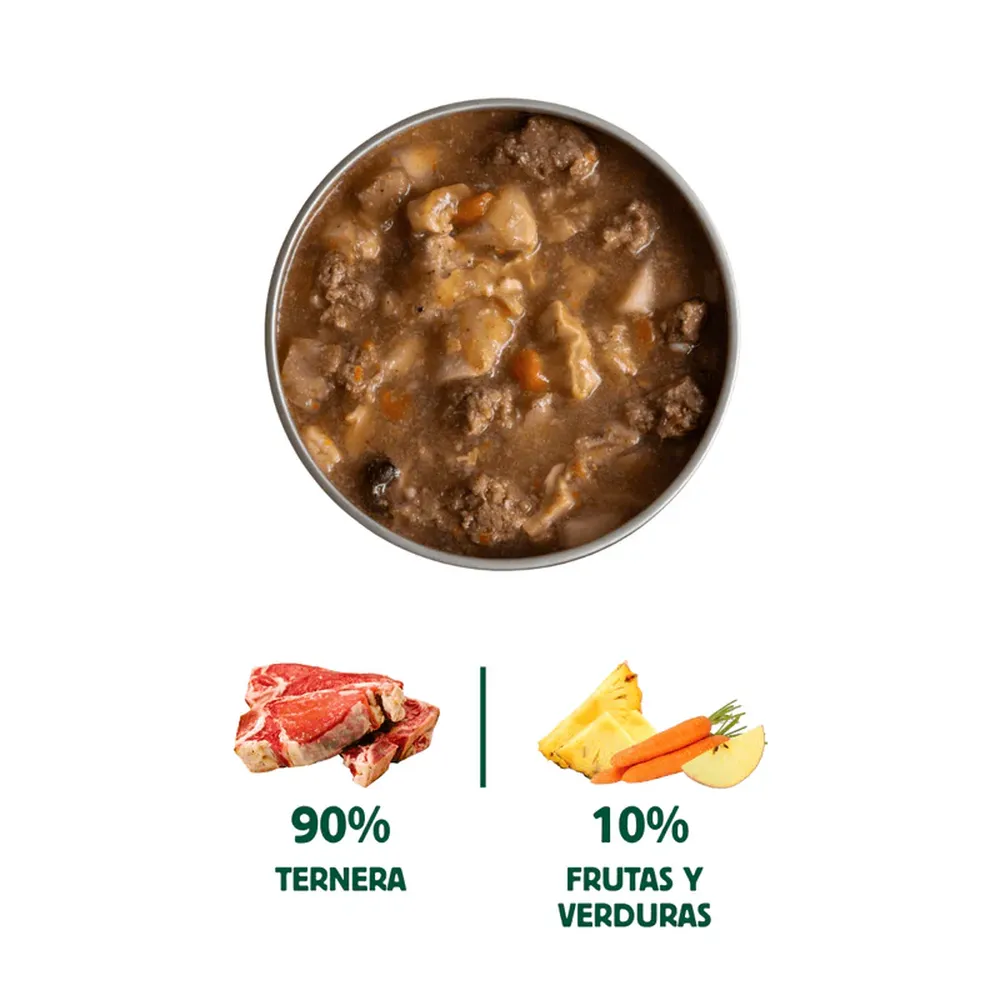 Comida húmeda para perros de ternera con frutas y verduras, receta natural Wild Balance con alto contenido en carne.