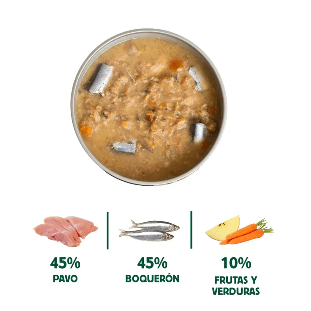 Comida húmeda para perros Wild Balance con pavo, boquerón y verduras, mostrando composición equilibrada de ingredientes.