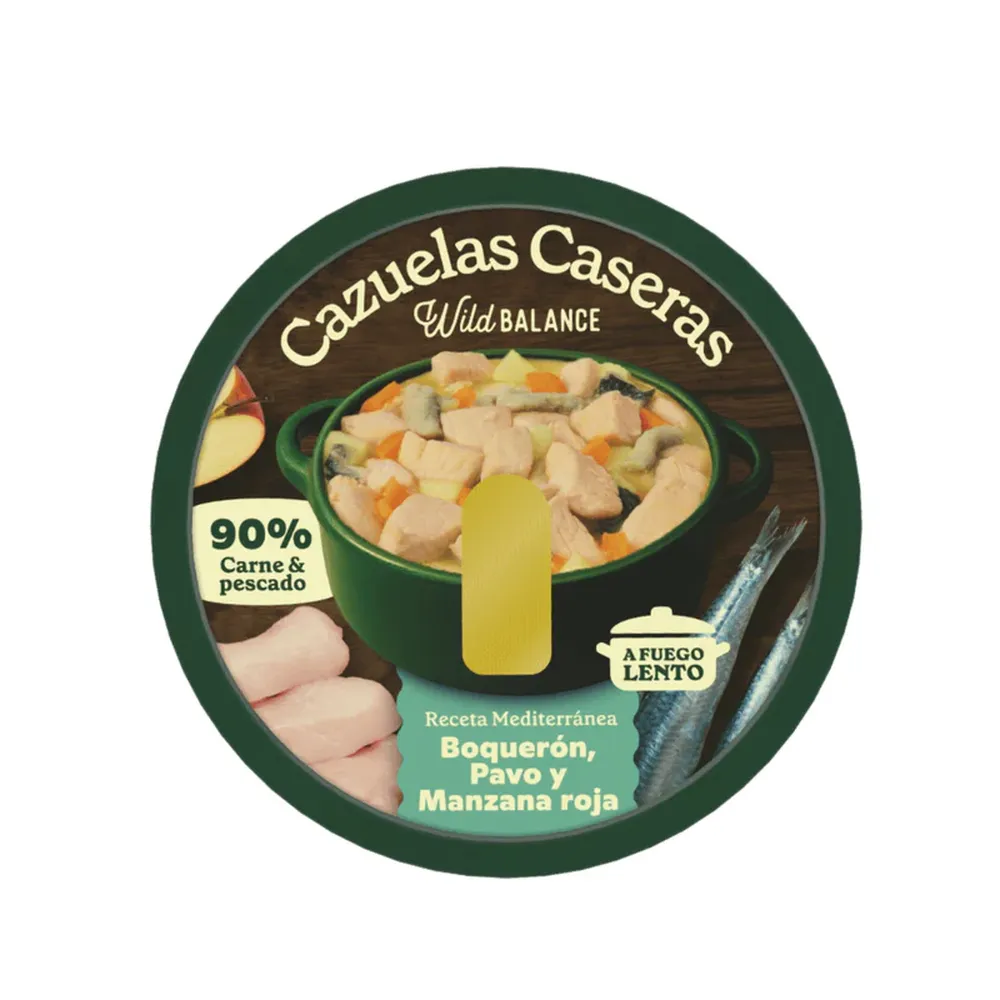 Comida húmeda para perros Wild Balance cazuela casera con boquerón, pavo y manzana roja, receta natural cocinada a fuego lento.