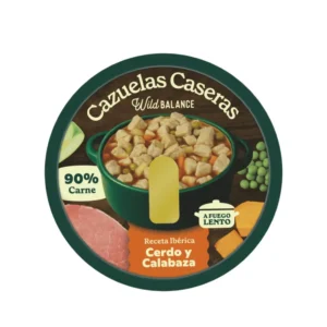 Comida húmeda para perros Wild Balance cazuela casera de cerdo y calabaza, receta natural cocinada a fuego lento.