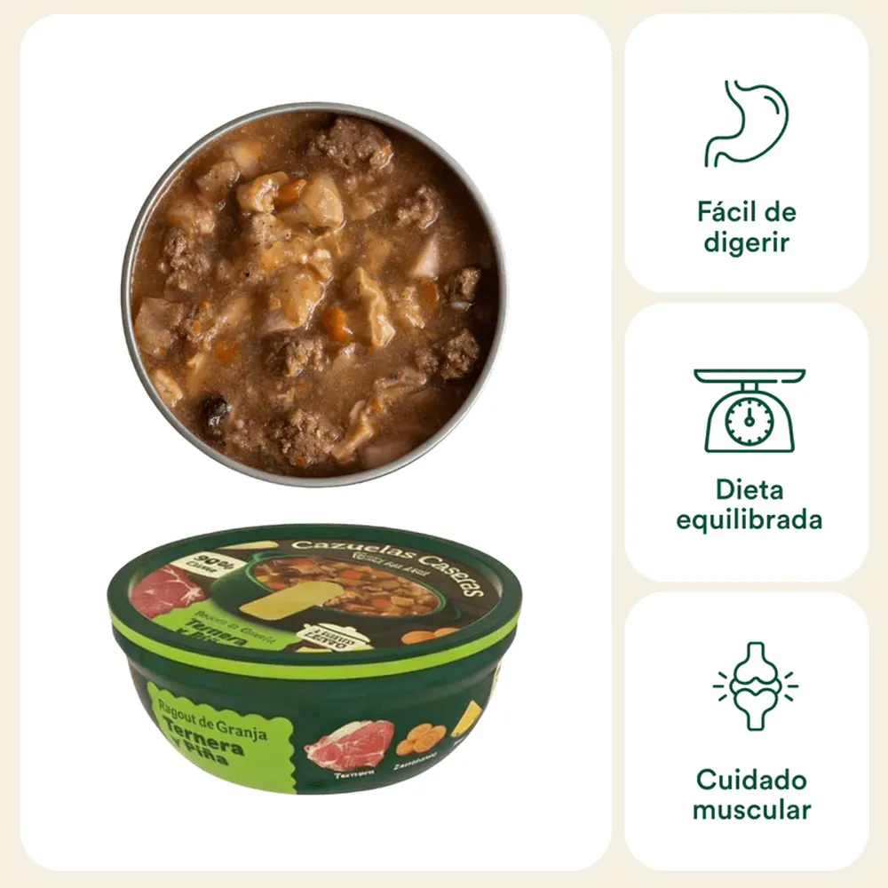Comida húmeda para perros Wild Balance cazuela de ternera y piña, receta natural con textura jugosa y fácil digestión.