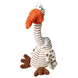Juguete de peluche para perros con forma de avestruz de cuello largo, cuerpo rayado y pico naranja, ideal para jugar, morder y estimular el entretenimiento diario.